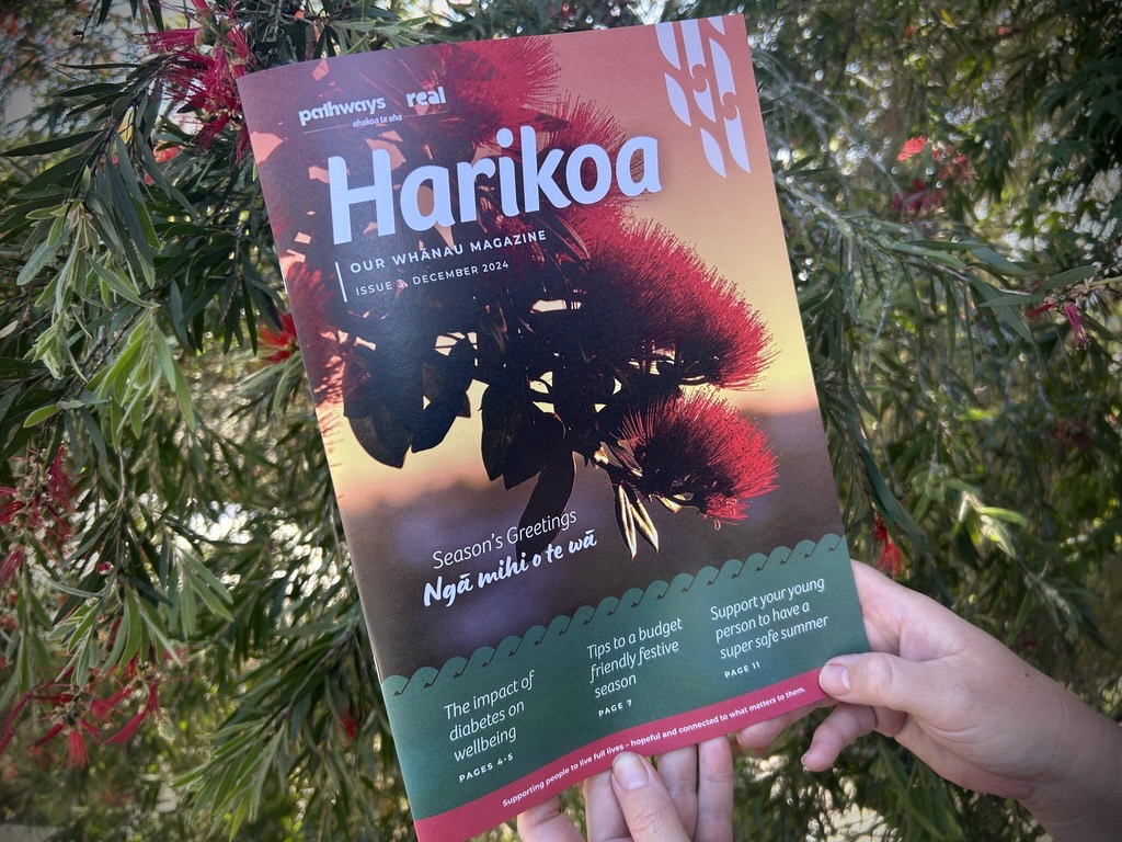 Issue 3/2024 of Harikoa magazine, held up in front of a background of greenery.